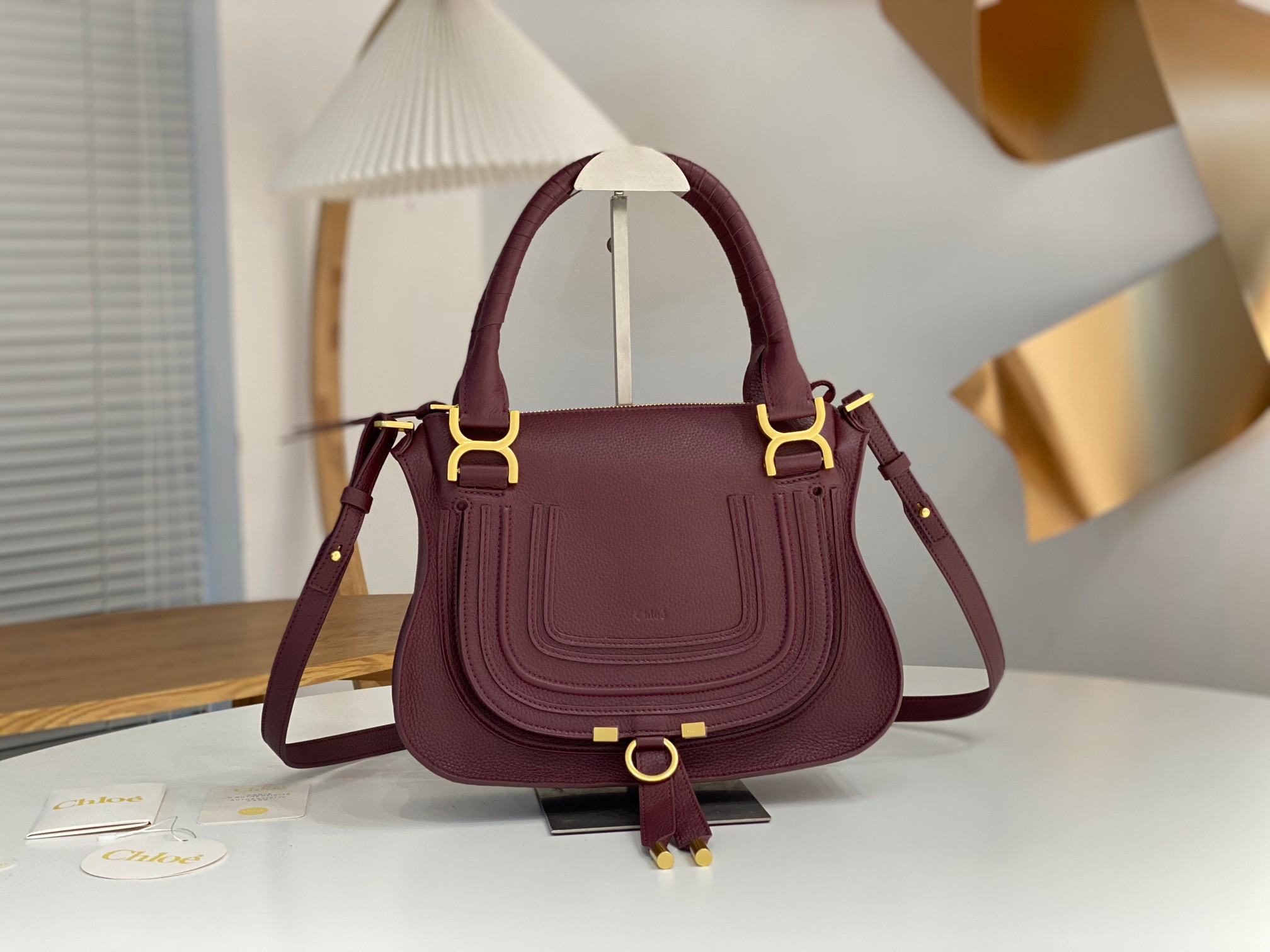 Chloe Small Marcie Bag In Bordeaux Grained Leather